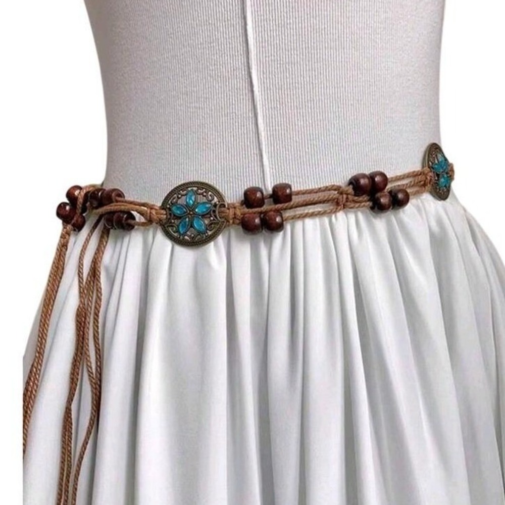 Bohemian Beaded Waist Belt Women Turquoise Flower Charm Macrame Tie
